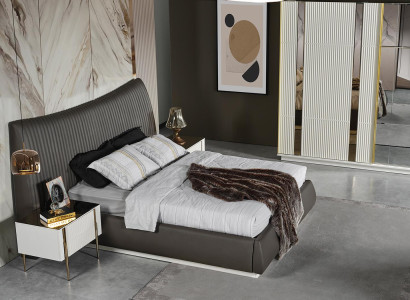 Stylish bedroom set luxury gray bed 2x white bedside tables