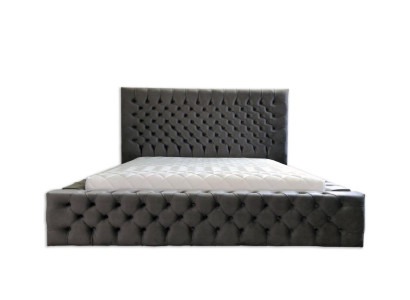 Chesterfield Gray Double Bedroom Wooden Furniture Design Elegant Upholstery Fabric