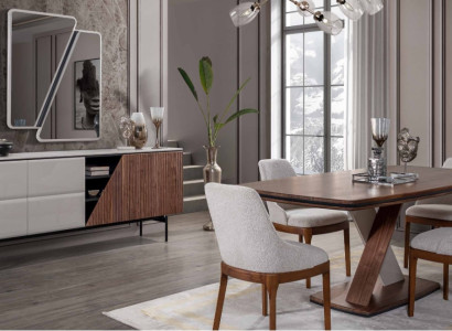 Brown-Gray Dining room Suite Dining table 4x Chairs Chest of drawers Mirror 7pcs