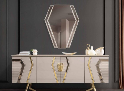 Luxury White-Golden Chest of drawers with Mirror Designer Sideboard Wooden Furniture