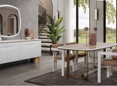 Dining room Set Dining table 4x Chairs Chest of drawers Mirror Modern Set White Dining set