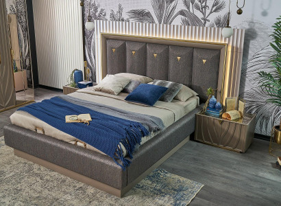Double bed Complete e Bedroom Bed Brown Set 3-piece Bedside tables Wood