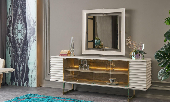 Sideboard Suite Sideboard with Mirror Dining room Wood Beige Chest of drawers