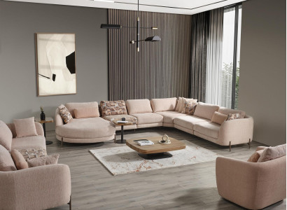 Living room Set 6pcs Suite Corner sofa U-shape Wood Coffee table Luxury Furnishings