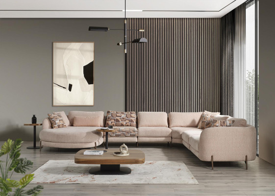Living room Set 6pcs Suite Corner sofa U-shape Wood Coffee table Luxury Furnishings