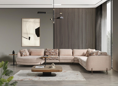 Living room Set Corner sofa U-shape Furniture 2x Side table Wood Modern Coffee table