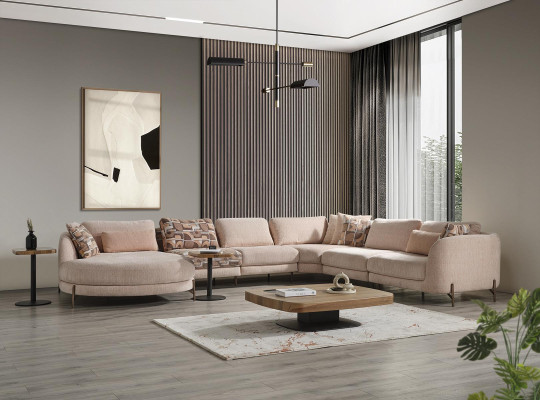 Living room Set Corner sofa U-shape Furniture 2x Side table Wood Modern Coffee table
