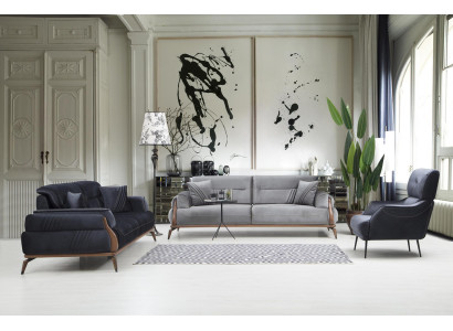 Designer upholstered sofas living room set 2x three-seater sofas luxury armchair