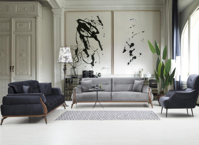 Designer upholstered sofas living room set 2x three-seater sofas luxury armchair