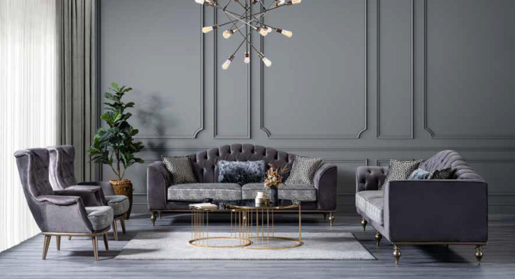 Chesterfield Three Seater Gray Upholstered Sofa Modern Designer Couches