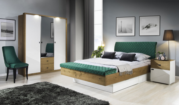 Set Designer Upholstered bed Bed Beds Fabric Marriage bed Designer bed Bedside table 2 pieces.