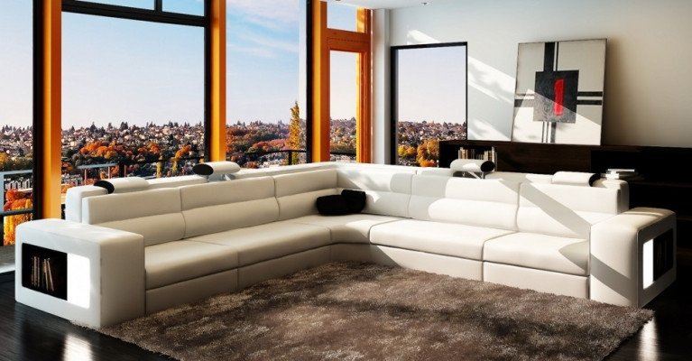 Leather sofa Sofa with USB,Corner sofa Seat Upholstery Living landscape XXL Big Weiden White