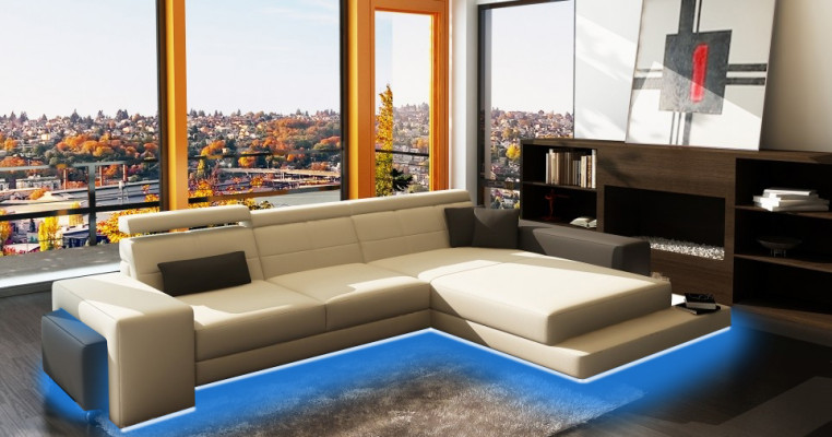 Corner sofa + USB Upholstery Sofa Living landscape Seat Eck Suite Leather Textile Geroda