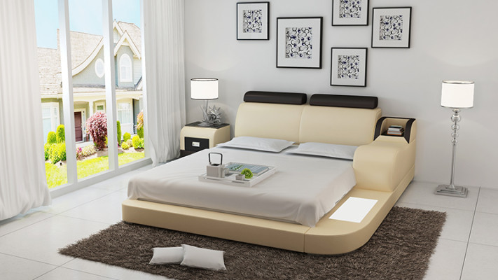 Design Bed XXL Big Beds Leather Hotel Upholstery 160x200cm Multifunction Shelf USB