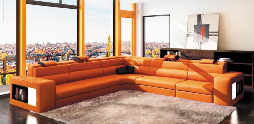 Leather sofa Sofa Couch Corner sofa Seat Upholstery Living landscape XXL Big Willow Orange