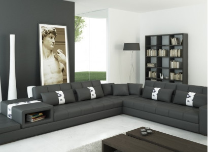 Modern living feeling L-shaped corner sofa in dark gray with stylish faux leather upholstery