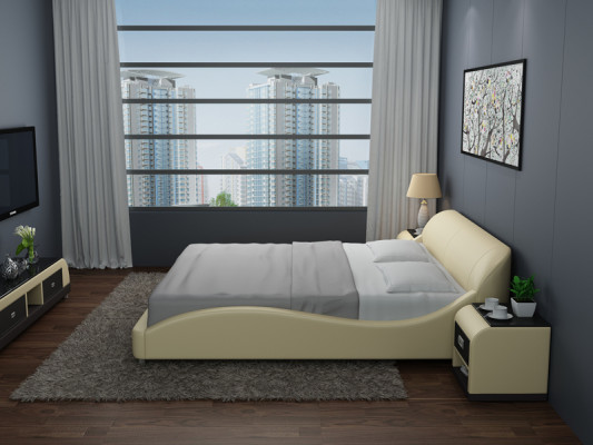Design Upholstery Double Bed Modern Beds Bedroom with USB & Shelf 200x210 cm