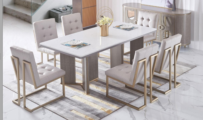 Designer Dining Room Chair Set Metal Textile Armchair 6x Lounge Chairs