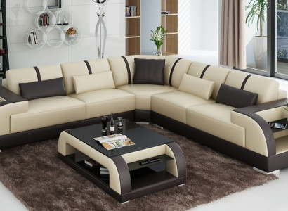 Design Corner Leather Sofa Couch Upholstery Suite Living landscape L-shape Modern Beige