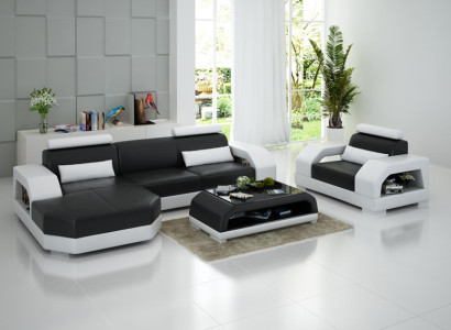 Leather sofa Couch Living landscape Corner sofa + Armchair Suite Design Modern LED USB