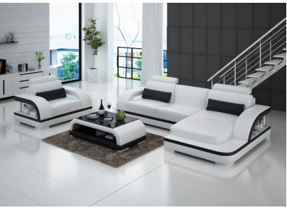 Leather sofa Couch Living landscape Corner sofa + Armchair Suite Modern Sofa LED + USB