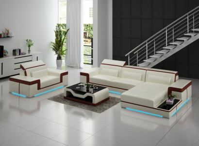 Leather sofa Couch Living landscape Corner sofa + Armchair Corner Suite Decor Design