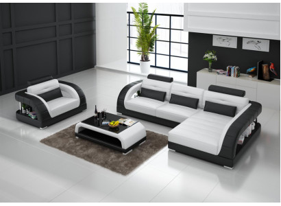 Leather sofa Couch Living landscape Corner sofa + Armchair new Suite Design