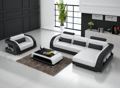 Leather sofa Couch Living landscape Corner sofa + Armchair new Suite Design