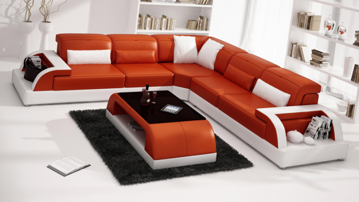 Leather sofa Couch Living landscape Corner sofa Corner Suite Design Modern Sofa USB White