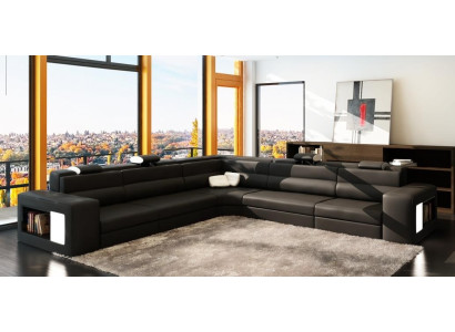 Leather sofa Sofa with USB Corner sofa Seat Upholstery Living landscape XXL Big Weiden Black