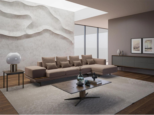 Living room set 3-piece corner suite sofa couch L-shape wood coffee table