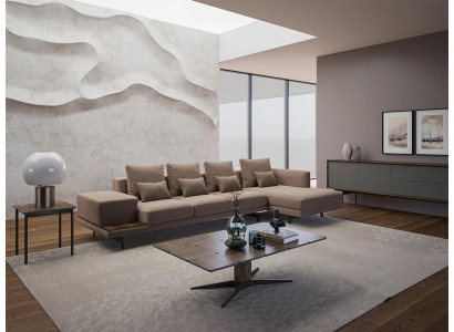 Living room set 3-piece corner suite sofa couch L-shape wood coffee table