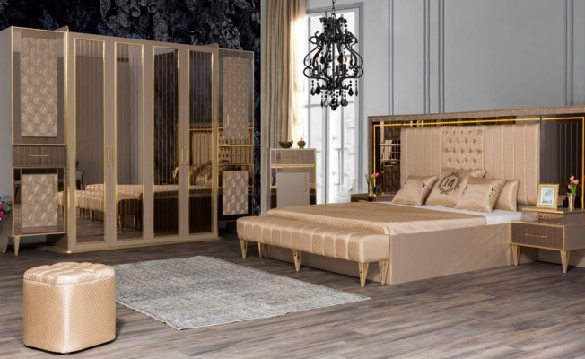 Bedroom furniture double bed with bedside tables walk-in wardrobe ottoman in exquisite premium design