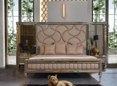 Double bed with two bedside tables in a high-quality luxury design in beige with golden elements