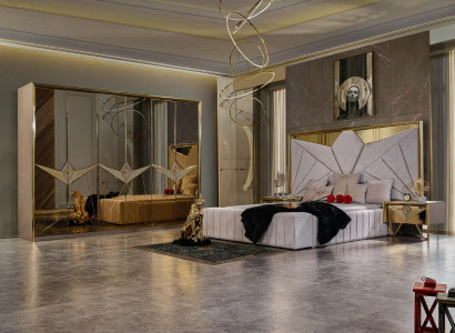 Glamorous bedroom experience luxury furniture set with detailed gold nuances