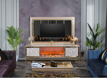 Fireplace wall frame for television with coffee table set in an elegant premium design made from stainless steel