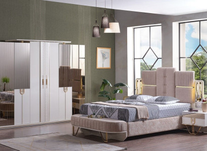 Luxury Bedroom Set 5 pcs. Bed 2x Bedside tables Wardrobe Stool Modern
