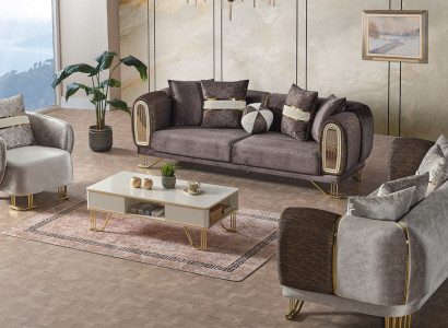 Sofa set 3+3+1 Seater Living room Set Complete Textile Sofa Armchair Wood