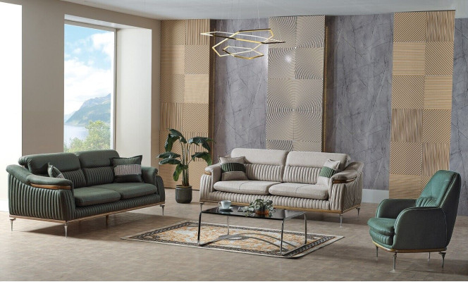 Sofa set 3+3+1 Seater Living room Set Complete Textile Sofa Armchair Wood Eu