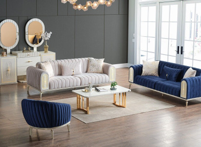 Sofa set 3+3+1 Seater Living room Set Complete Textile Sofa Armchair Wood Blue