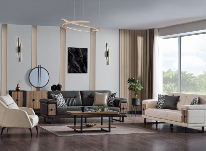 Sofa set 3+3+1 Seater Living room Set Complete Textile Wood Sofa Armchair
