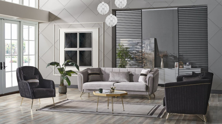 Sofa set 3+3+1 Seater Textile Wood Sofa 3 Seater Modern Armchair Complete Set Eu