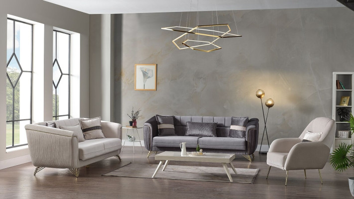 Designer Sofa set 3+3+1 Seater Couch Upholstery Seating Set Velvet Set Grey