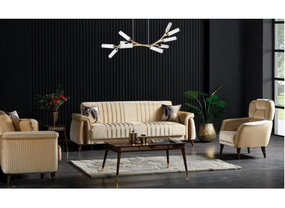 Sofa set 3+3+1 Seater Living room Set Complete Textile Sofa Armchair Wood Beige