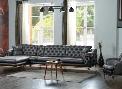 Black Living room Set Corner sofa L-shape Armchair Modern Chesterfield Complete