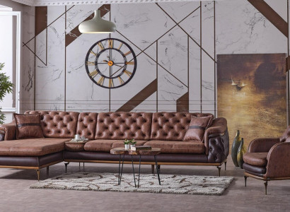 Corner sofa L-shape Armchair Brown Complete Living room Set 2pcs. Luxury brown