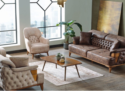 Sofa set 3+3+1 Wood Living room Luxury Sofa Chesterfield Fabric new Complete