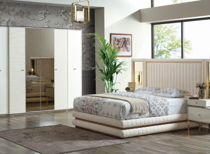 Bedroom Set Bed 2x Bedside tables Wardrobe Design Furniture 4 pcs. beige