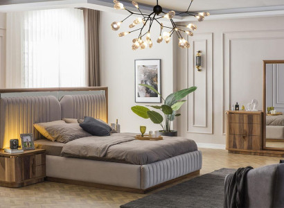Modern Bedroom Set Bed + 2x Bedside tables + Chest of drawers with Mirror Modern