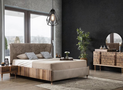 Modern Bedroom Set Bed + 2x Bedside tables + Chest of drawers with Mirror Luxury Brown